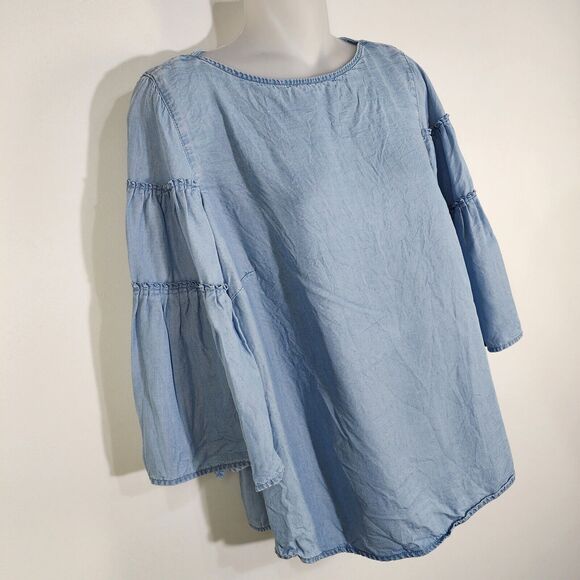 J Jill Denim Top XS Petite Chambray Tiered Ruffle Bell Sleeve Tencel Lyocell Blu - Picture 4 of 13